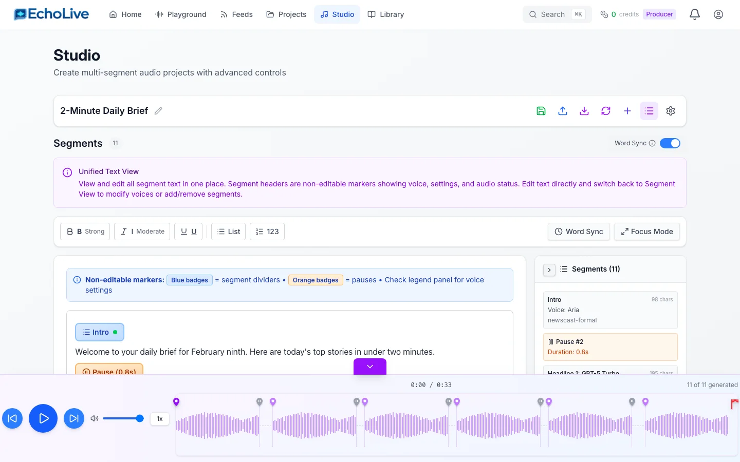 EchoLive Studio editor showing segment timeline with unified text view and waveform navigation