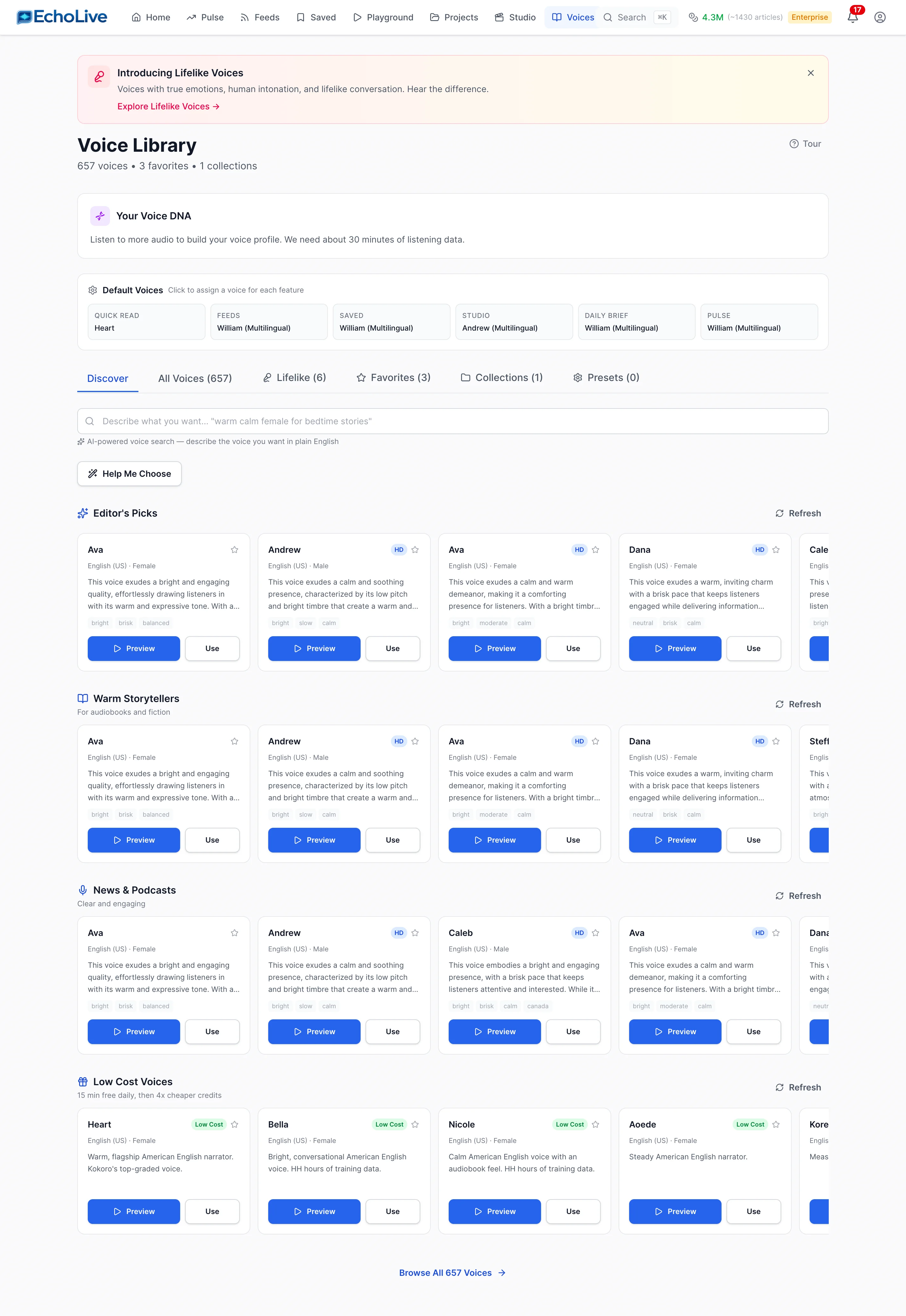 EchoLive Voice Library with curated categories and Voice DNA profiles